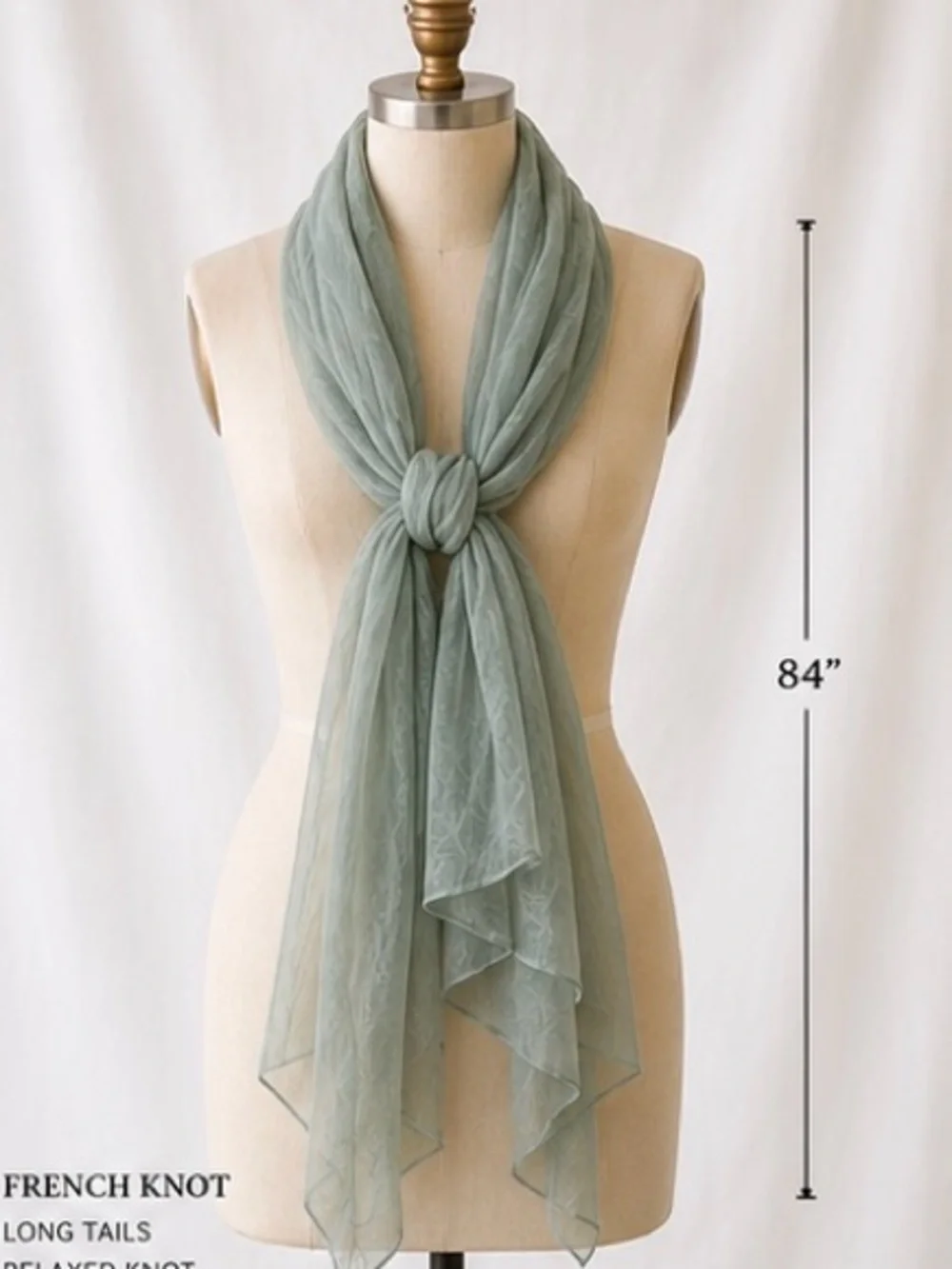 Carmen Marc Valvo 100% Silk Sage Green Chiffon Long Scarf Wrap Shawl 84”